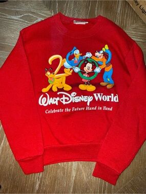 Vintage Walt Disney World Sweatshirt 90s Mickey Goofy Pluto Red Med 7/8